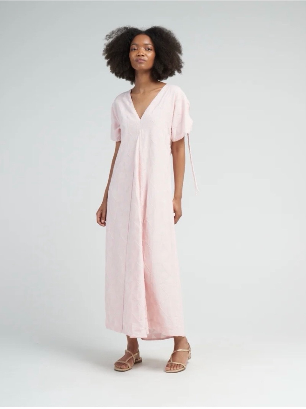Mirth Bordeaux Caftan Rosa Maxi Dress M Jacquard Pink Cotton V-Back Tie $398 - Picture 2 of 16
